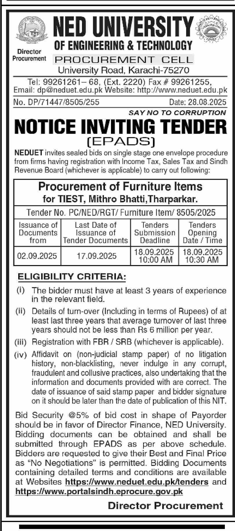 Ned University of Engineering & Technology Karachi Tender Notice